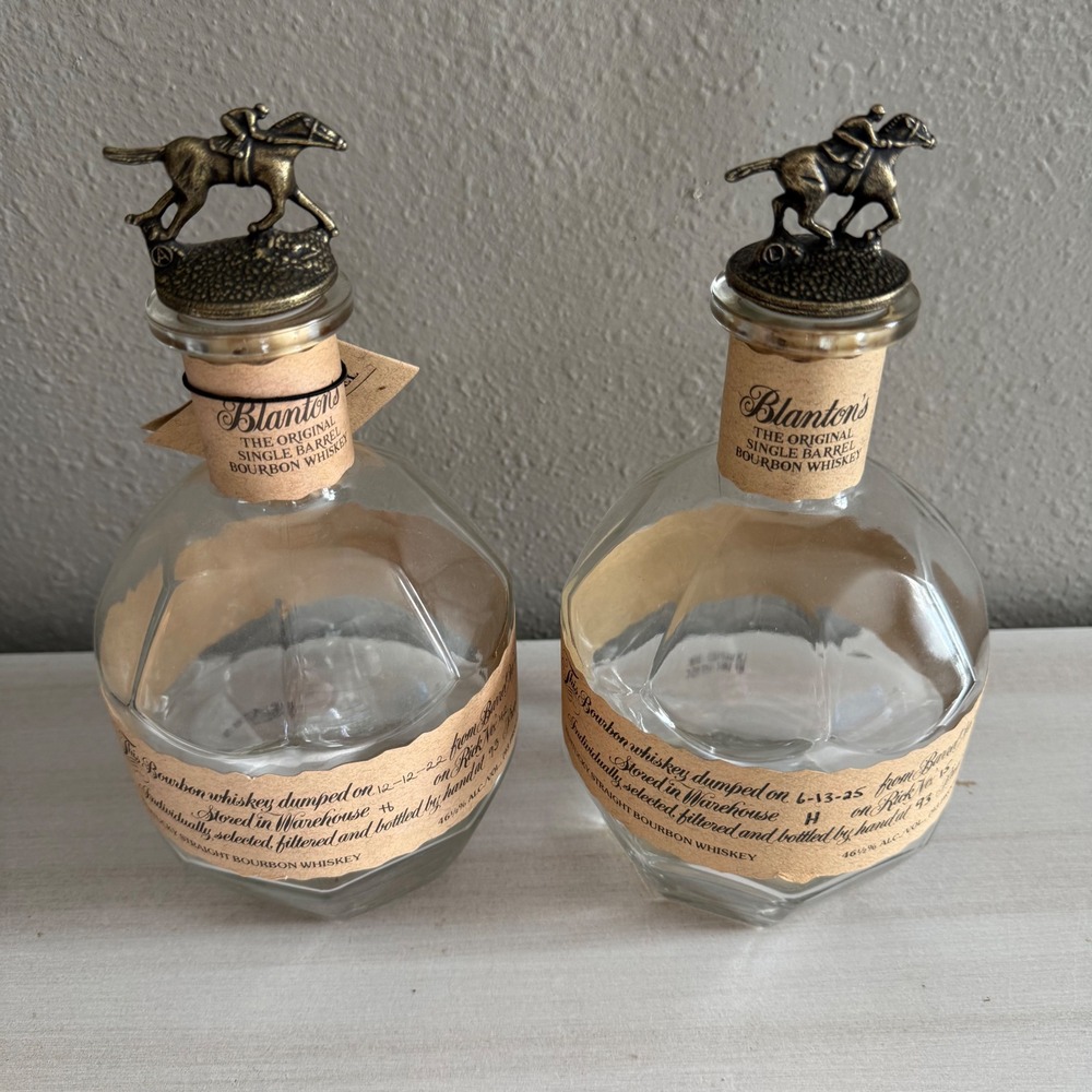 Blantons‎ Bourbon Whiskey Empty Glass Bottles Set of 2 Collectible Horse Topper